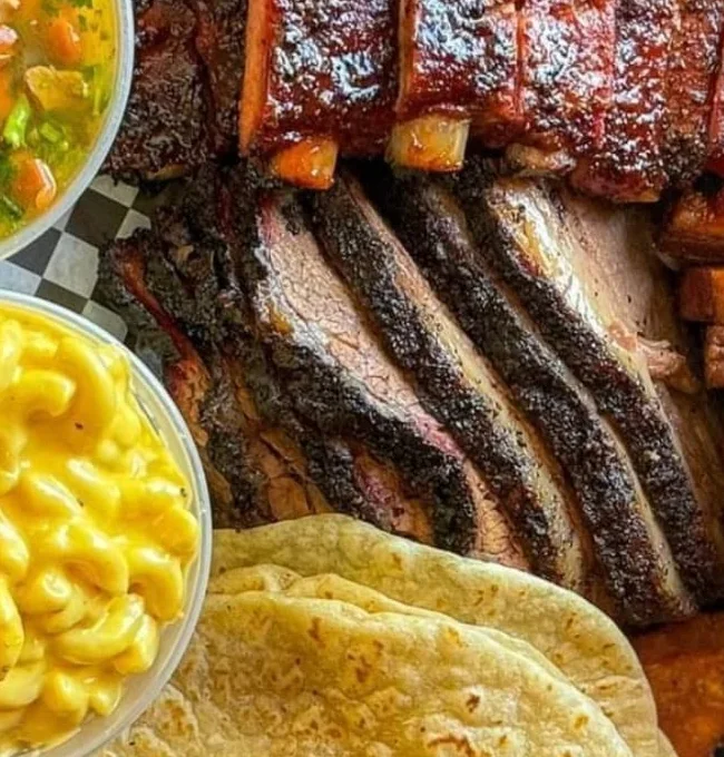 Close crop of sliced brisket from the official Vargas BBQ tray